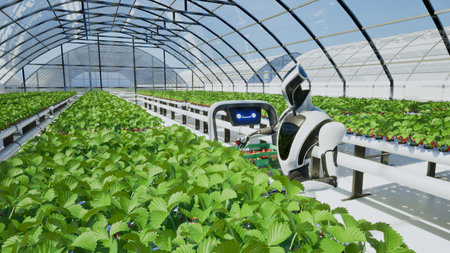 3d rendering of a robot working in a greenhouse with strawberry plantsの写真素材