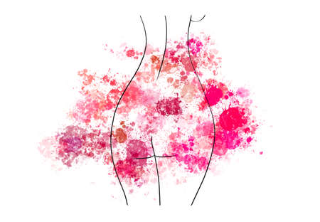 woman silhouette on red background line art illustrationの写真素材