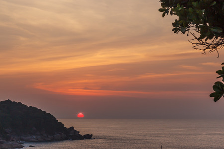Multicolor ocean sunset witn an island and tree in the foregoundの写真素材