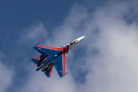 Sukhoi Su-27, NATO reporting name: Flanker fighter in flight. It belongs to the aerobatic team...