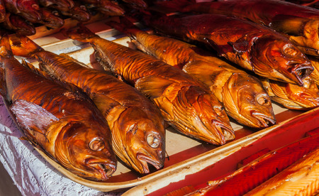 Smoked breams at the fish market on Volga river