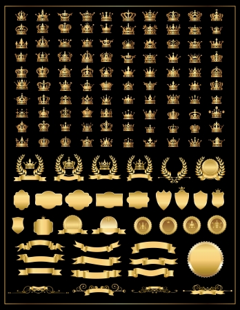 crown, vector collection, gold  crown big set, crown icons set  vector gold banner, laurel wreath and Ribbon, banner, shields  のイラスト素材