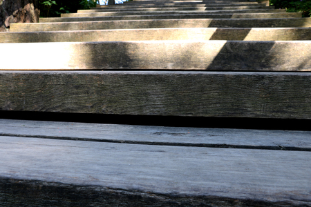 wooden steps rising upwards in parkの写真素材