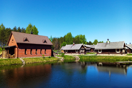 View of a beautiful wooden house in the villageの写真素材