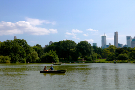 NEW YORK, USA - August 30, 2018: boat on the canal in Central Park, New York City, USAのeditorial素材