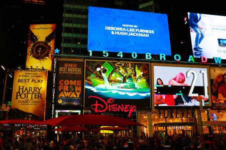 NEW YORK, USA - August 30, 2018: Times Square is a busy tourist intersection of neon art and commerce and is an iconic street of New York City and Americaのeditorial素材