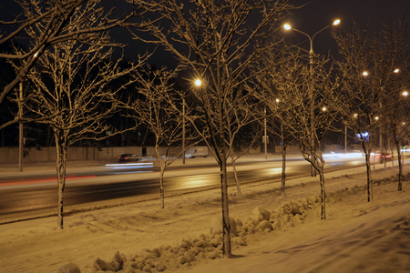 Beautiful park for walking at night in winterの写真素材