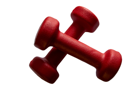 Two red rubber or plastic coated fitness dumbbells isolated on white backgroundの写真素材