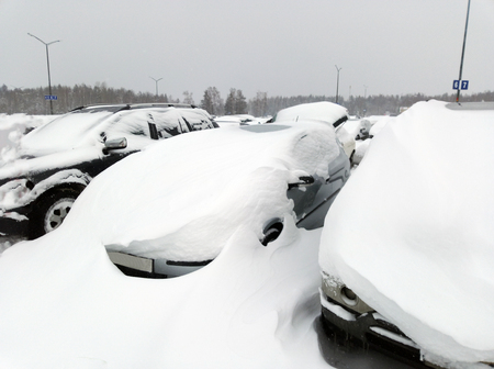 Cars covered in snow on a parking lot in the residential area during snowfallの写真素材