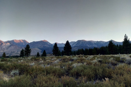 View of the mountains and forest during sunsetの写真素材