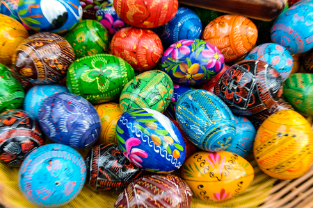 Many decorated Easter eggs, top view. Festive traditionの写真素材