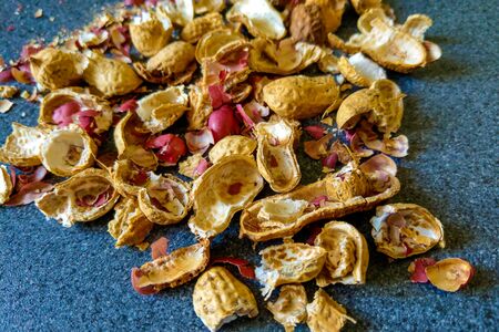 Peanut shell on the table, food backgroundの写真素材