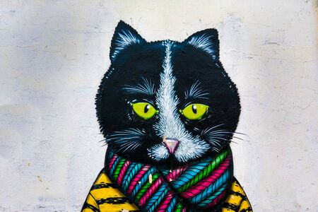 Minsk, Belarus - April 25, 2019: Graffiti of a beautiful cat on the wall of a building, animal backgroundのeditorial素材