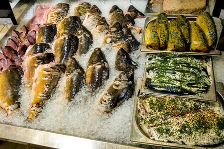 Fish showcase, assortment of fresh fish in the storeの写真素材
