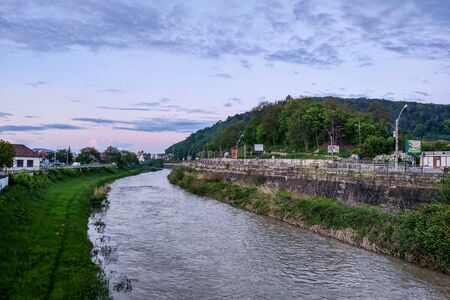 Sighisoara, Hungary - May 17, 2019: view of the old town in the eveningのeditorial素材