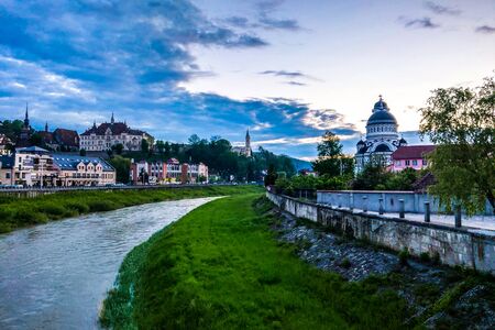 Sighisoara, Hungary - May 17, 2019: view of the old town in the eveningのeditorial素材
