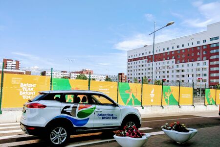 Minsk, Belarus, June 20, 2019: View of the car with the emblem of the second European games in Belarus in the Town for athletesのeditorial素材