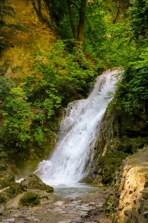 View of a small waterfall surrounded by greenery and treesの写真素材