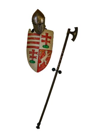 Miskolc, Hungary, May 20, 2019: Metal helmet, shield battle ax on a white background isolateのeditorial素材