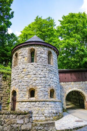 Miskolc, Hungary, May 20, 2019: Entrance gates to the Palota Castle Hotel in Lillafured Miskolcのeditorial素材