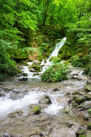 Mountain river flowing through the green forest. soft focus, lack of focusの写真素材