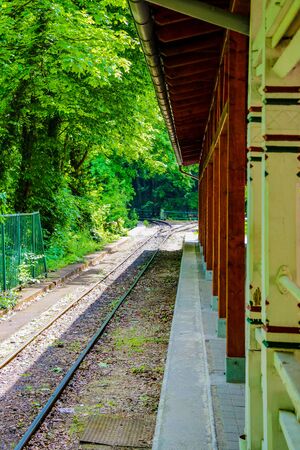 View of the railway station surrounded by forest. soft focus, lack of focusの写真素材