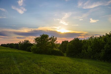 Landscape, sunny dawn in a fieldの写真素材