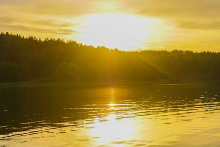 Sunset river water reflection landscape. River sunset reflection. Sunset river landscape. Sunset orange river viewの写真素材