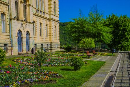 Sighisoara, Romania, May 12, 2019: A picturesque place near Sighisoara City Hall. From this place a beautiful view of the city opens. A popular place for tourists and a place for sunsetsのeditorial素材