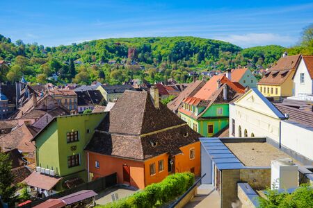 Sighisoara, Romania, May 13, 2019: Medieval street view in Sighisoara founded by saxon colonists in XIII centuryのeditorial素材
