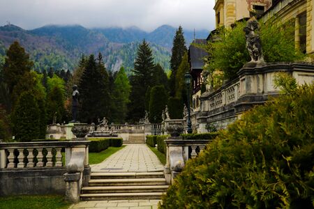 Sinaia, Romania, May 17, 2019: Beautiful Peles castle and ornamental garden in Sinaia landmark of Carpathian mountains in Romaniaのeditorial素材