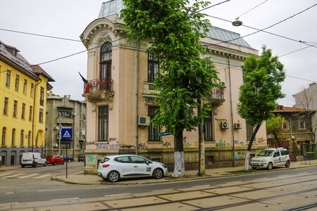 Bucharest, Romania, May 18, 2019: A large number of electric wires, cables on the streets of the old city of Bucharestのeditorial素材