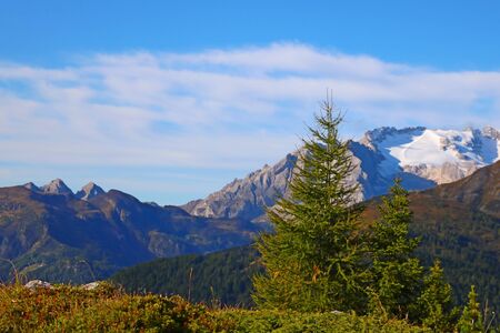 Beautiful summer landscape, fantastic alpine pass and high mountains, Dolomites, Italy, Europe. Selective focusの写真素材