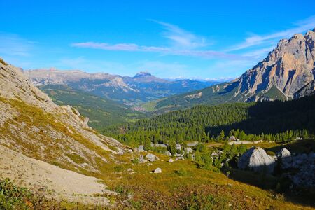 Beautiful summer landscape, fantastic alpine pass and high mountains, Dolomites, Italy, Europe. Selective focusの写真素材