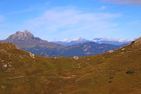 Beautiful summer landscape, fantastic alpine pass and high mountains, Dolomites, Italy, Europe. Out of focusの写真素材