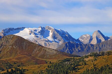 Beautiful summer landscape, fantastic alpine pass and high mountains, Dolomites, Italy, Europe. Selective focusの写真素材
