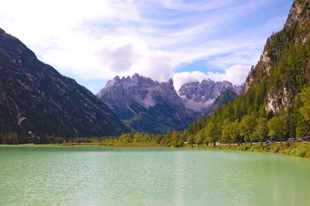 Lago di Landro Durrensee in the Dolomites in Italy. Out of focusの写真素材