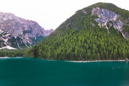 Lake in Dolomites mountains, Lago di Braies, Italyの写真素材