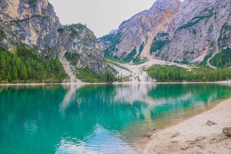 View of Lago di Braies. Dolomites mountains, Italy, Europeの写真素材