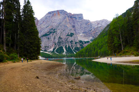 View of Lago di Braies. Dolomites mountains, Italy, Europeの写真素材