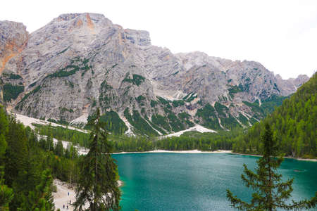 Lake Lago di Braies in Dolomiti Mountains, Italyの写真素材