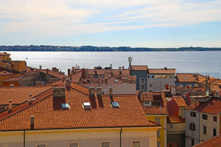 Beautiful view of the city of Piran and the Adriatic Seaの写真素材