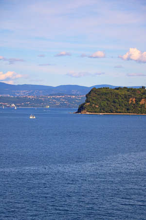 The rocky part of the coast, covered with greenery, is surrounded by the seaの写真素材