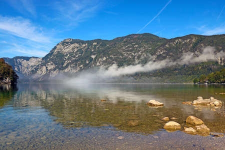 Early autumn morning on Lake Bohinj, Sloveniaの写真素材