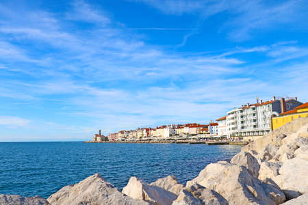 Piran, Slovenia, September 24, 2019: Scenic waterfront, with bright colorful buildings in the historic center of Piranのeditorial素材