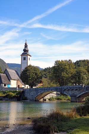Beautiful Slovenia landscape Bohinj Lake, with turquoise waterの写真素材