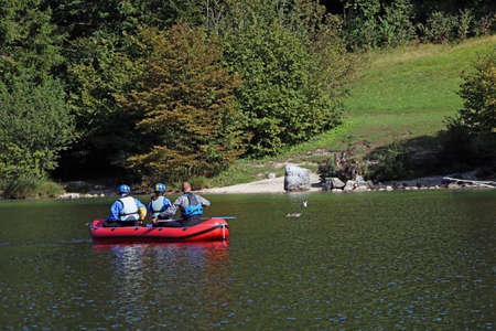 Colorful summer morning on the Bohinj lake in Triglav national park Sloveniaの写真素材