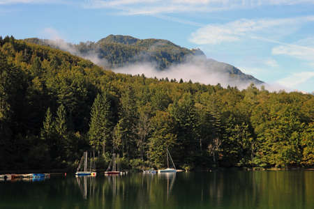 Colorful summer morning on the Bohinj lake in Triglav national park Sloveniaの写真素材