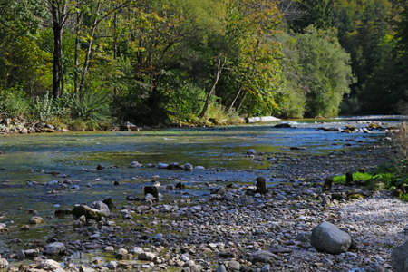 Small mountain river in Slovenia in autumnの写真素材