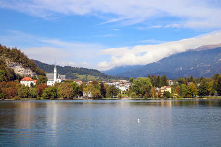 Bohinj lake shore with mountain views in Sloveniaのeditorial素材